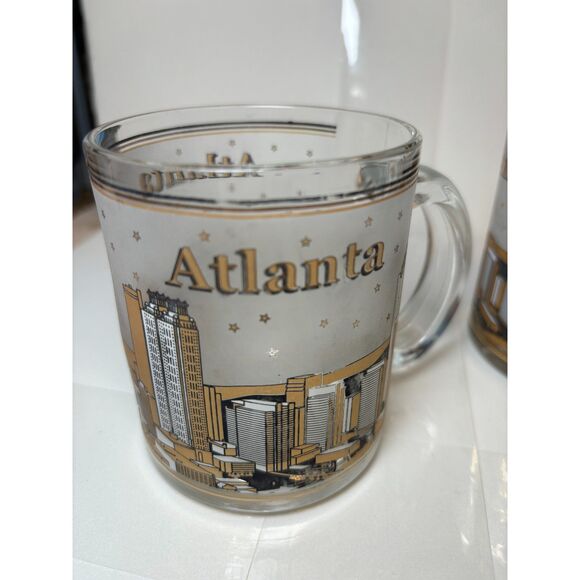 2 Atlanta Frosted Gold and Black City Building Stars Clear Glass Mugs - Picture 8 of 9